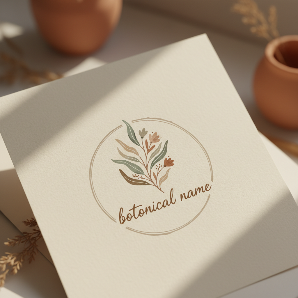 Lush green botanical branding mockup on white paper, soft natural light, minimal studio setting