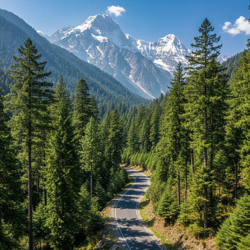 Scenic mountain road from Rishikesh to Chopta, winding through dense forests and Himalayan valleys