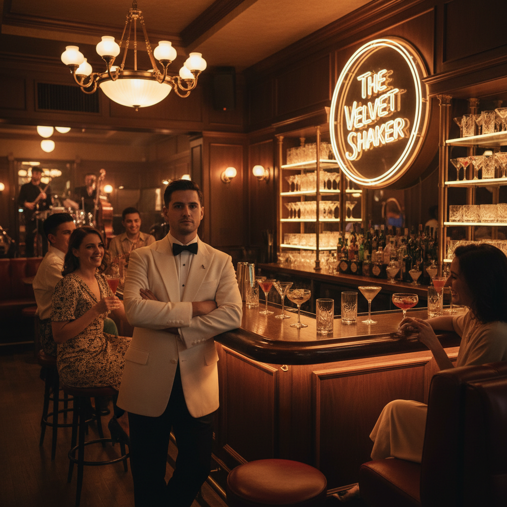 Vintage bar with retro cocktail glasses and a bartender in white jacket