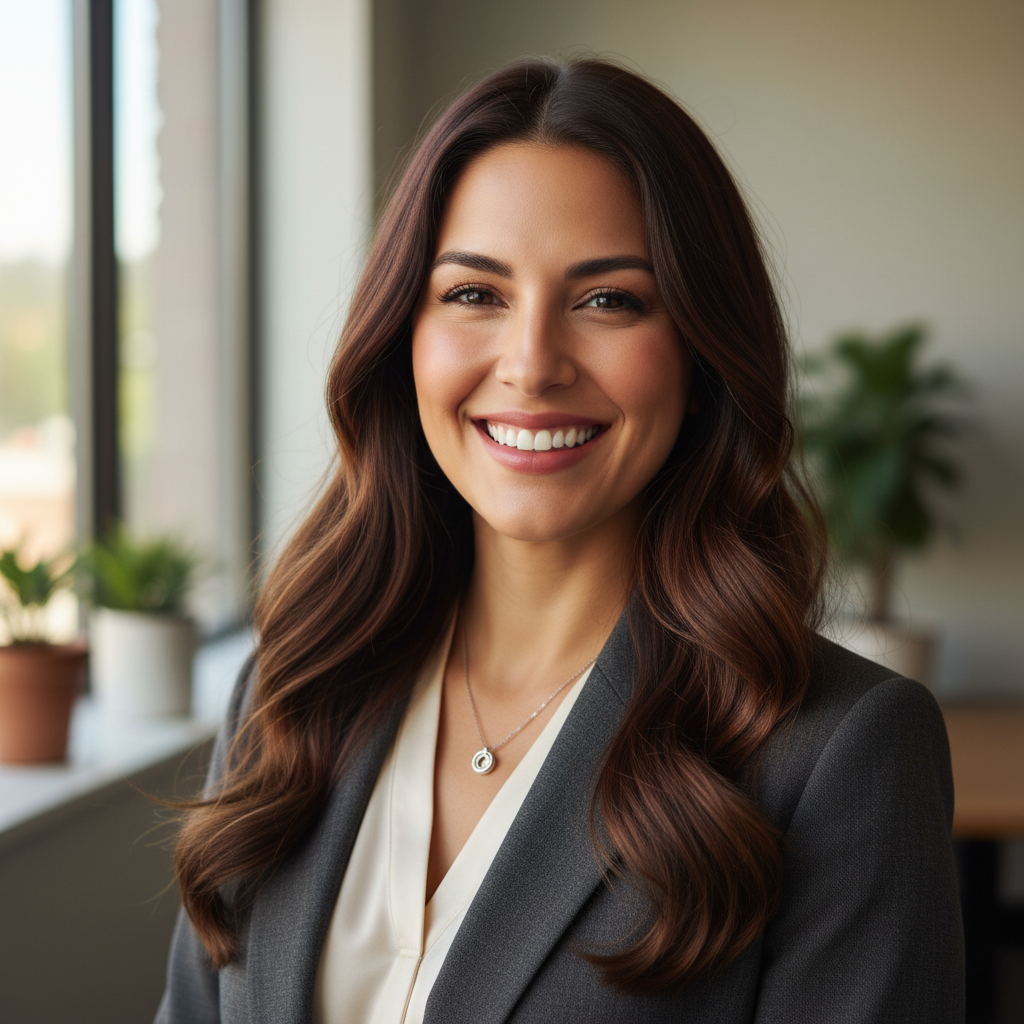 Hispanic woman with dark hair in professional attire smiling brightly