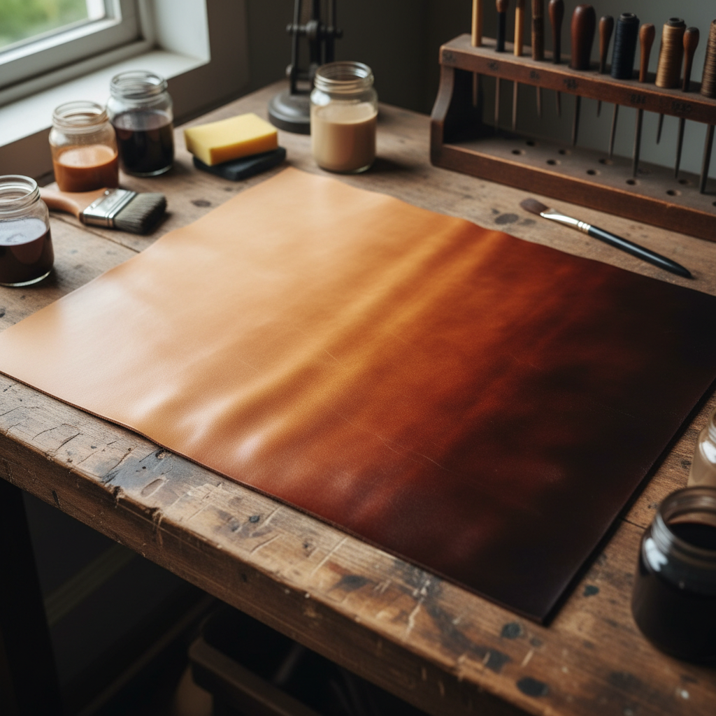 Leather piece showing graduated dye application from light tan to deep brown