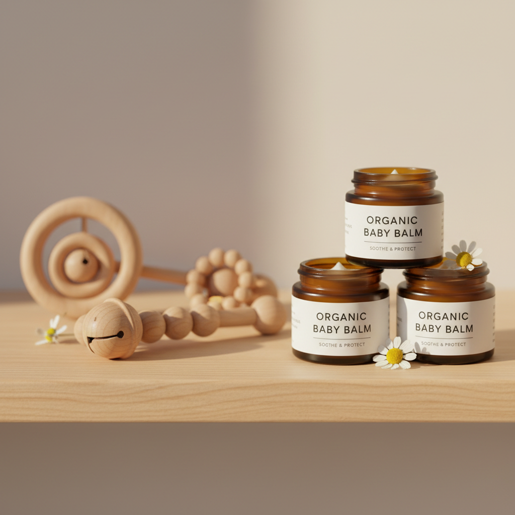 Nursery shelf styled with wooden rattles and organic balm jars in soft morning light
