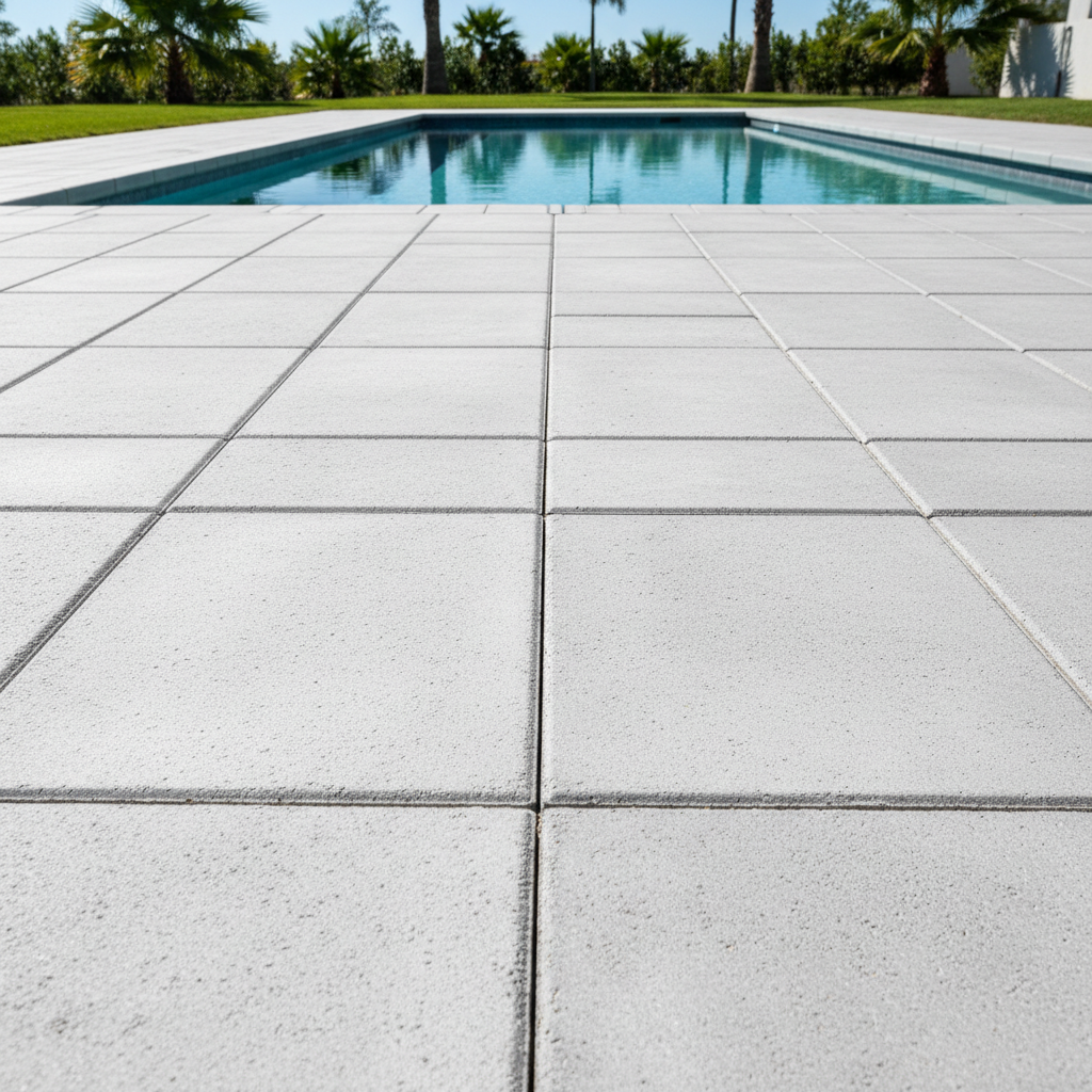 Beautiful sealed paver pool deck surrounding a Florida pool, neat joints and uniform stone pattern