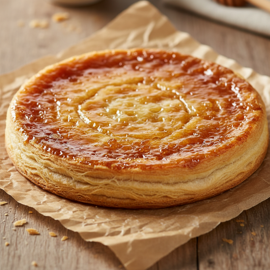 Honey tart with caramelized top and flaky crust on parchment paper