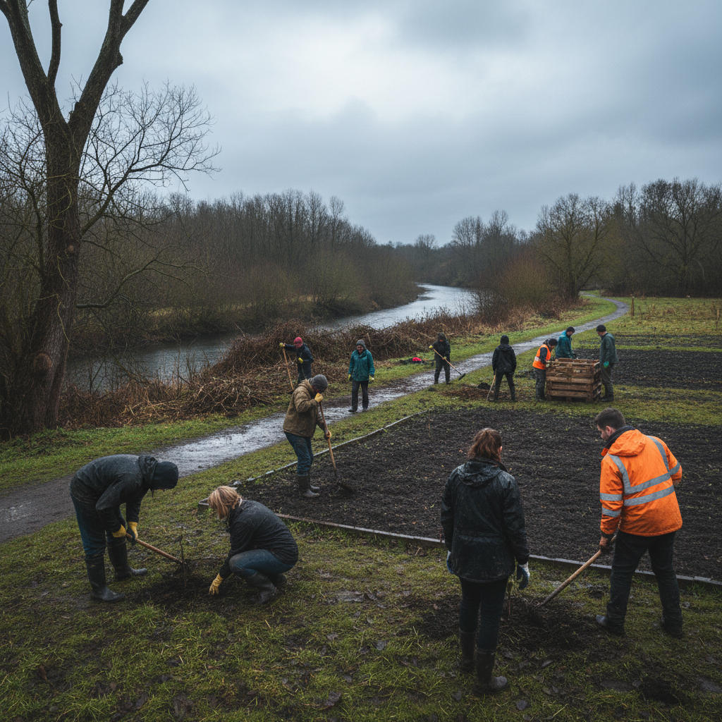 Community volunteers working together outdoors on a sunny day