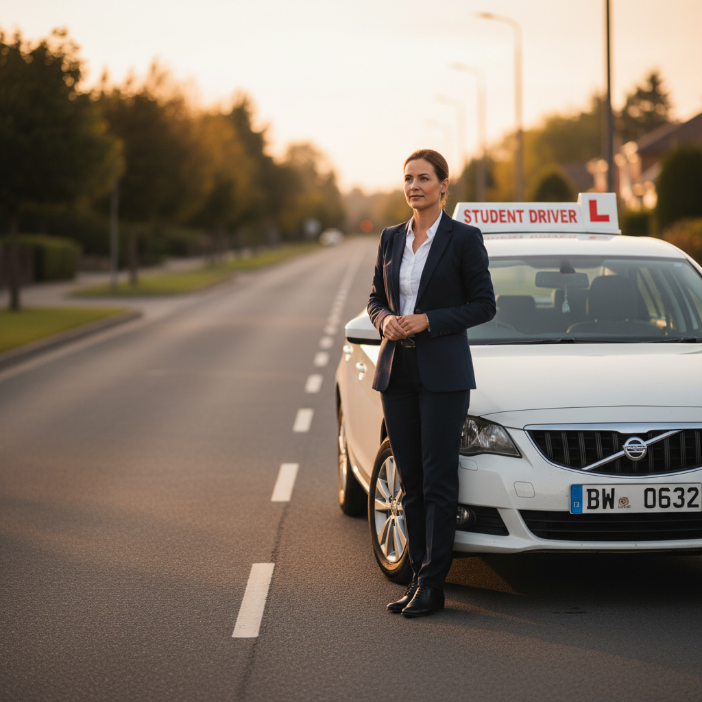 Professionele rijinstructeur naast een lesauto op een rustige weg bij schemering