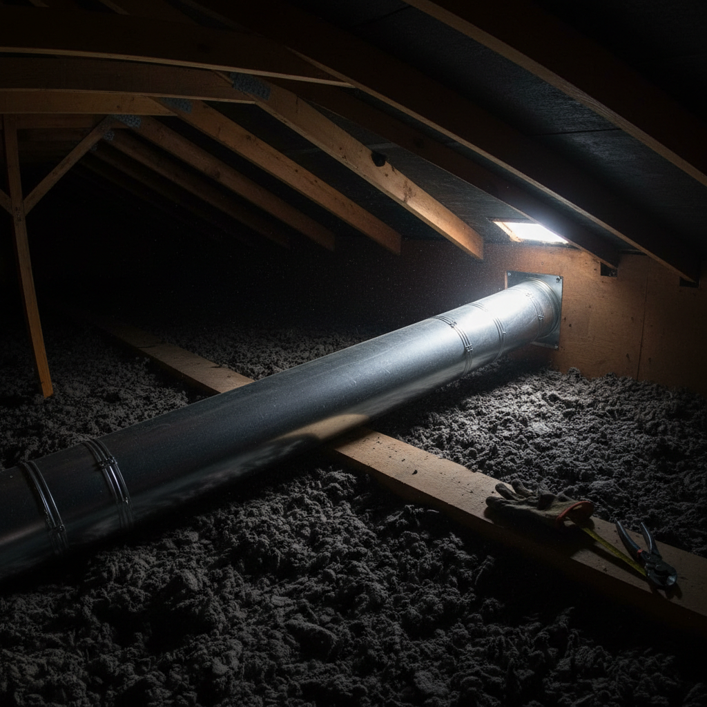 Metal HVAC ductwork in attic space showing installation