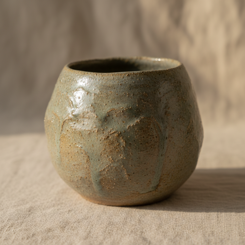 Hand-thrown ceramic vessel with ash glaze and organic surface texture in earth tones