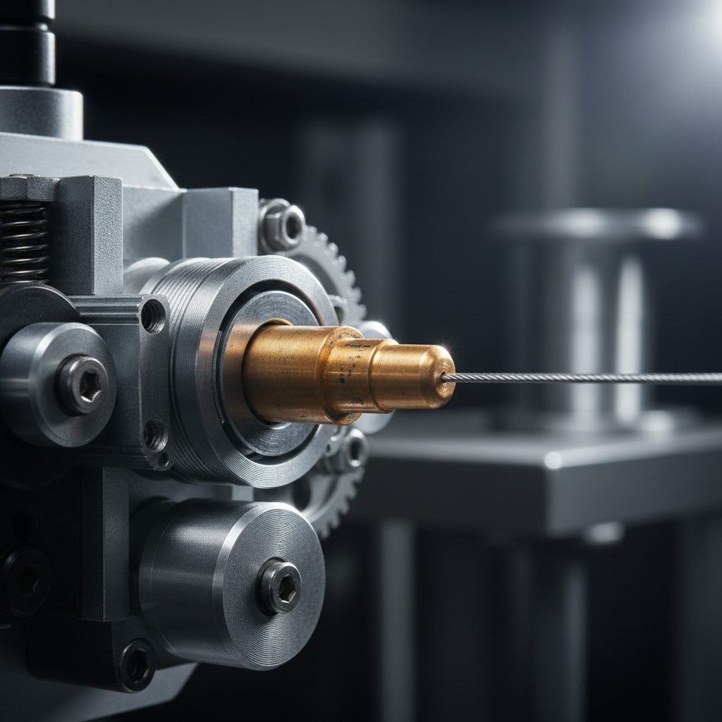 Close-up of robotic MIG torch wire feeder mechanism showing copper contact tip and liner assembly against dark industrial background