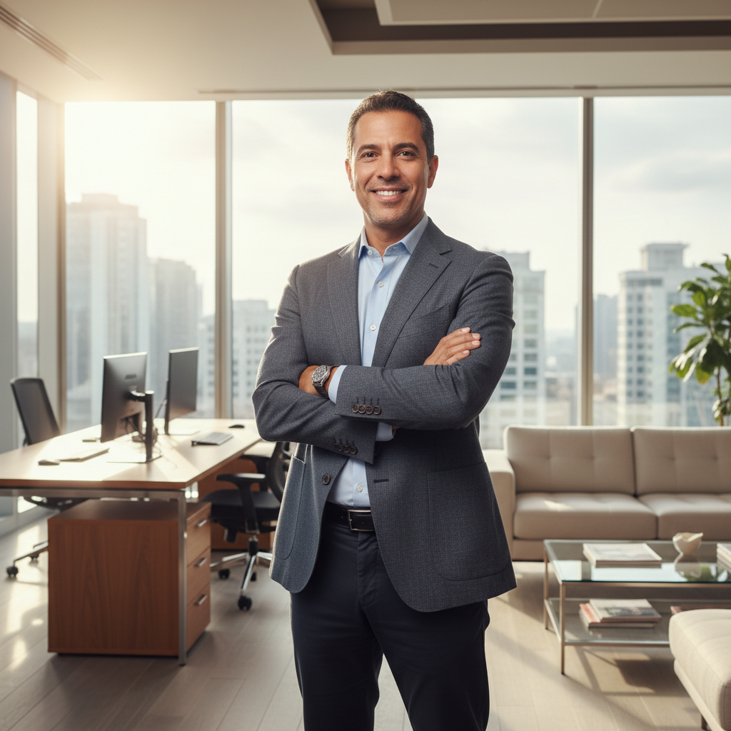 Jamaican man in his 30s in business casual attire smiling in a bright office environment