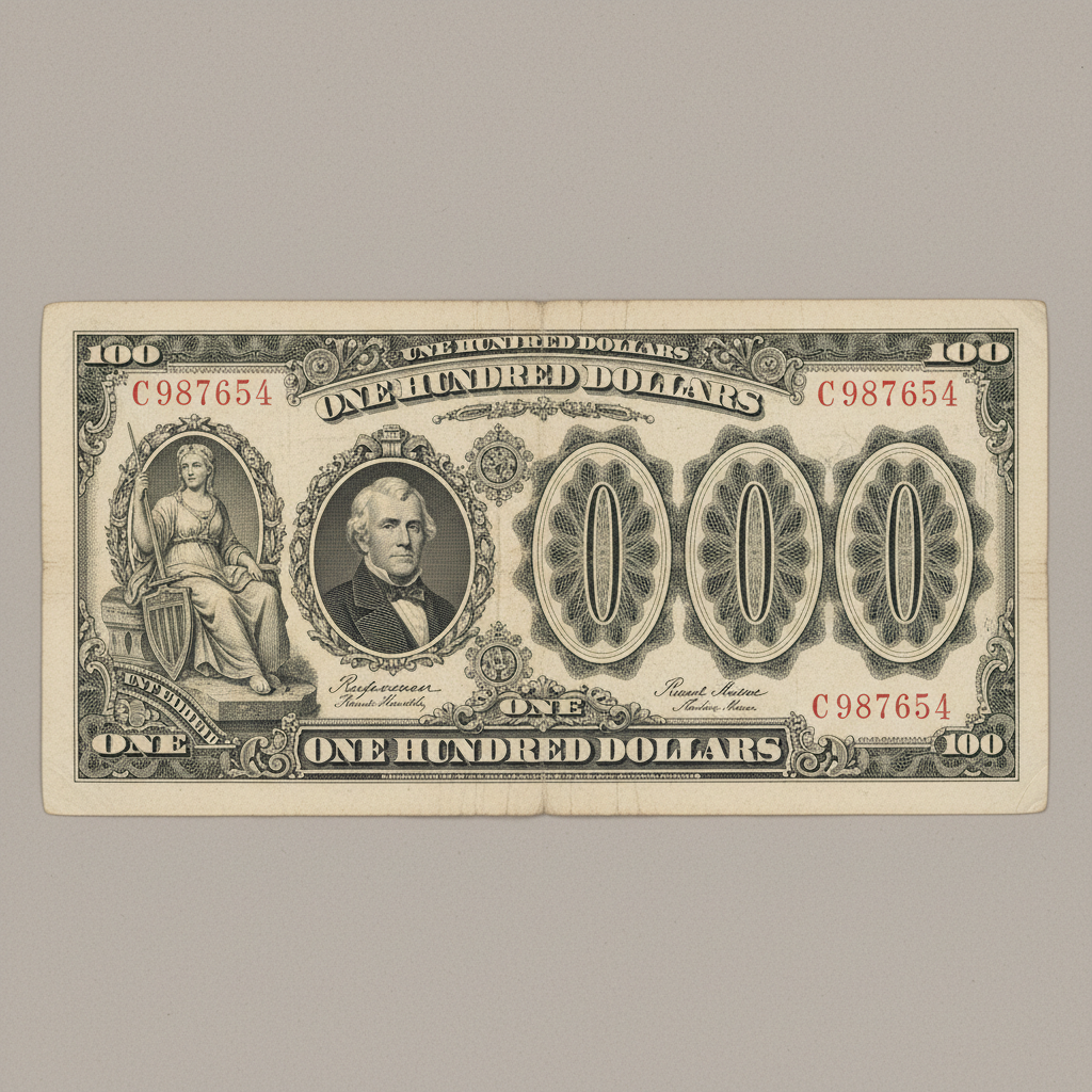 Rare 1890 one hundred dollar Treasury note known as the Watermelon note showing the distinctive large zero design in fine detail under collector lighting