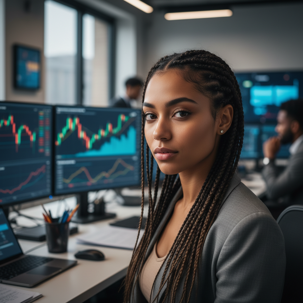 Simone V., swing trader with braids and direct gaze