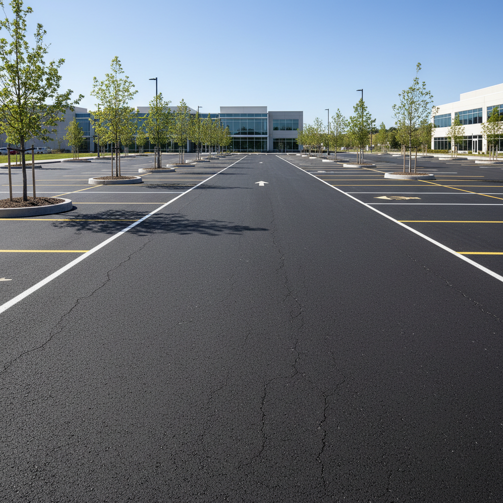 Wide-angle view of freshly paved commercial carpark with clear lot markings and smooth asphalt surface