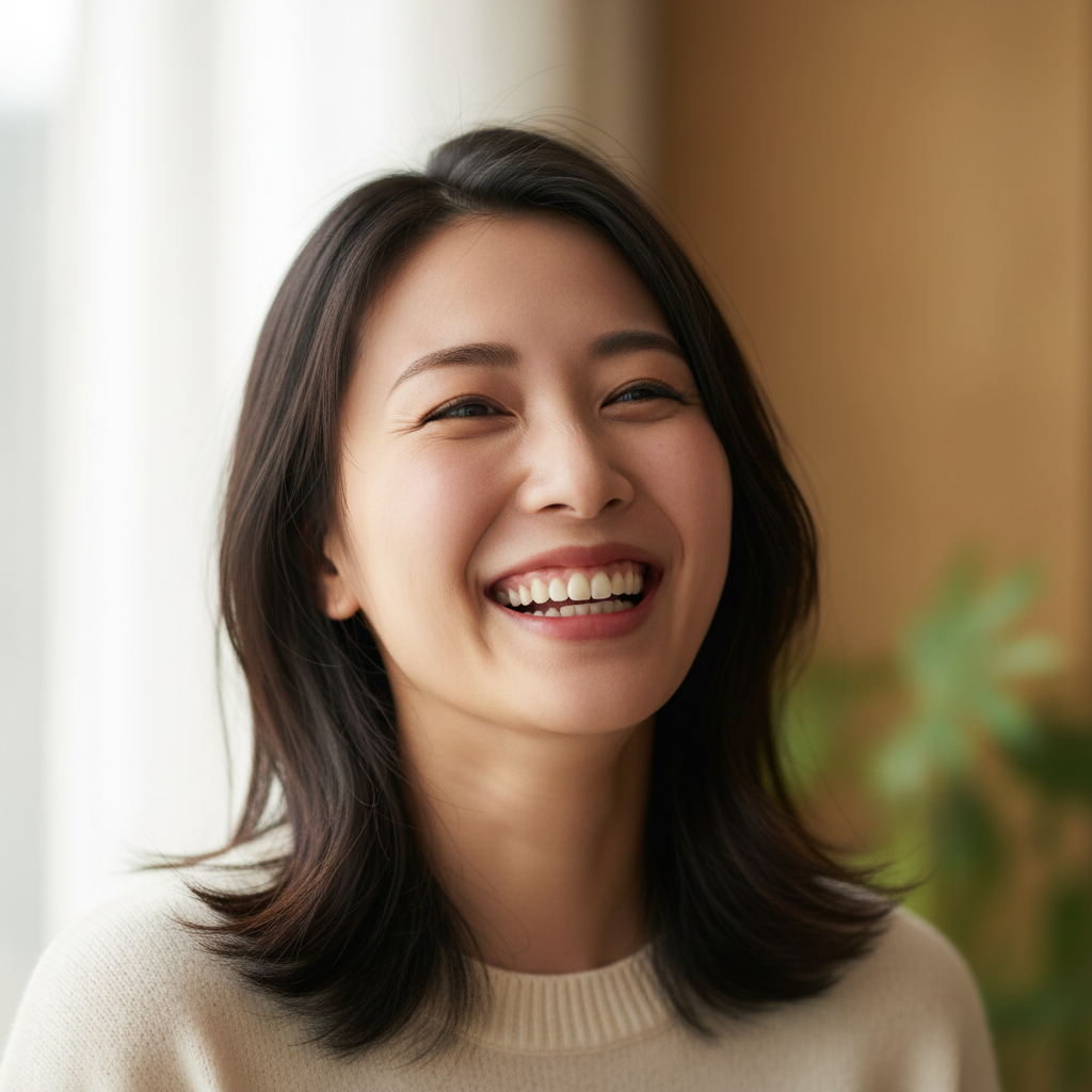 Portrait of an East Asian woman book club host, bright warm smile