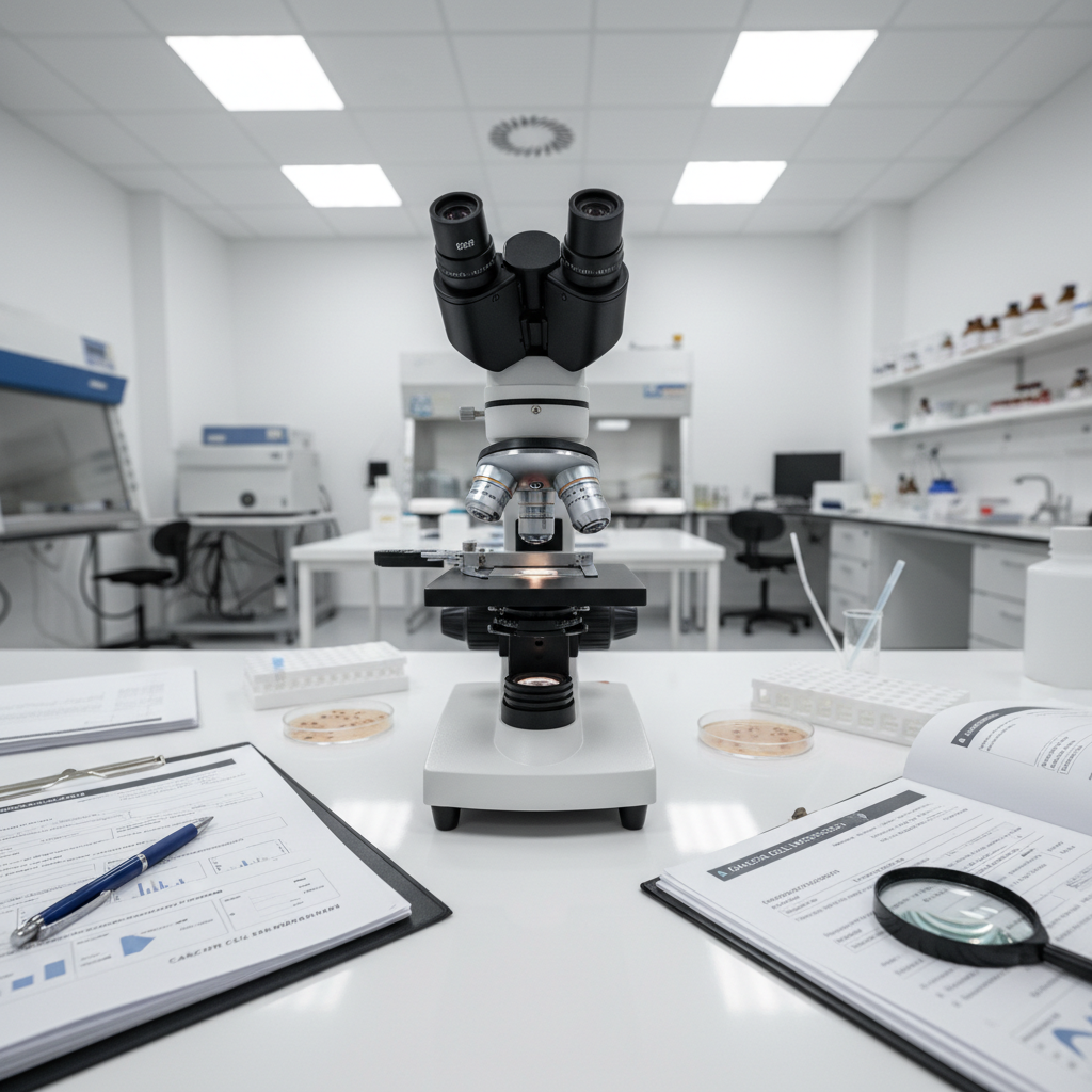 Scientific lab setting with petri dishes and microscope, clean white background, bright lighting