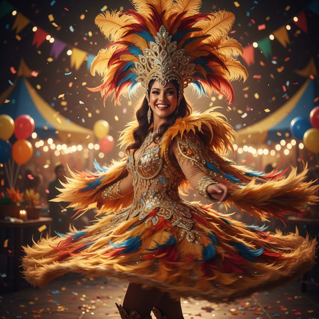 Spectacular carnival queen in elaborate red and gold feathered costume at Caribbean carnival parade
