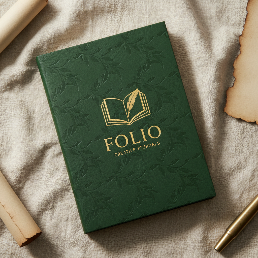 Finished foil-stamped Folio notebook styled on linen flat-lay with brass pen and espresso cup