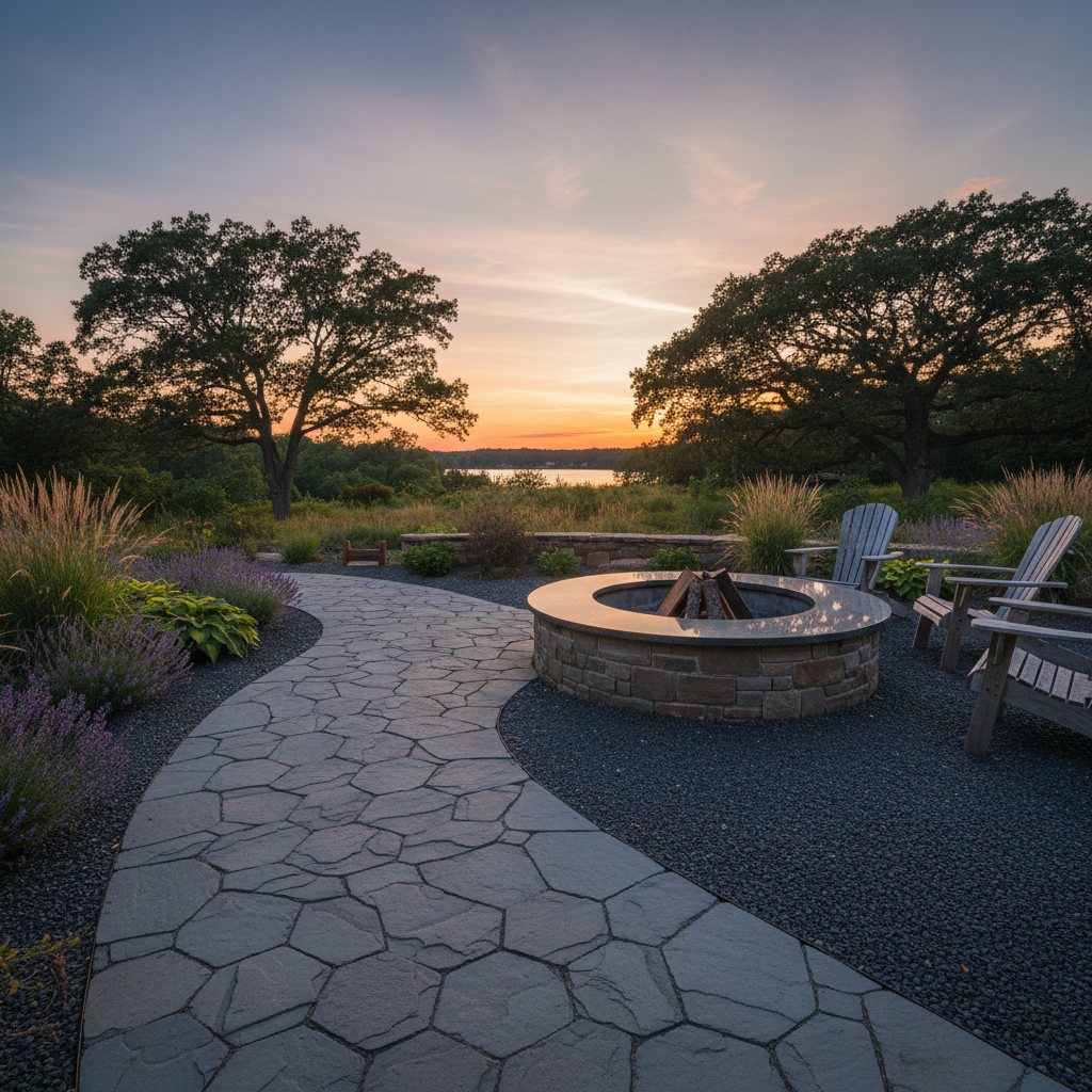 Completed bluestone path leading to stone fire pit surround with granite cap at dusk