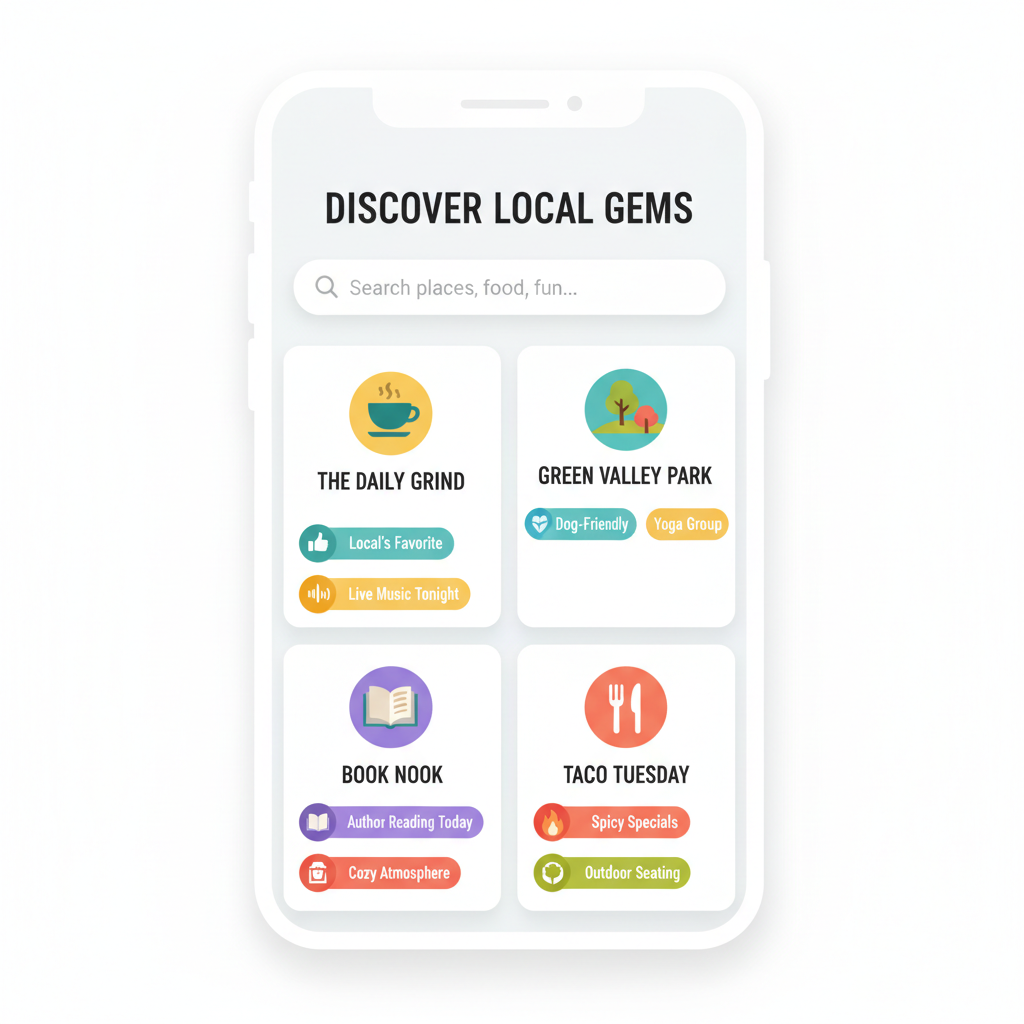 LocalTripFinder mobile app showing personalised local place discovery with trust-based signals