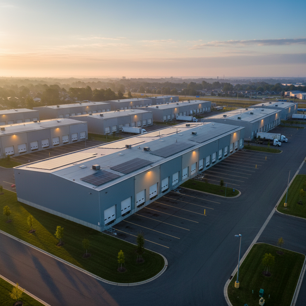 Aerial view of commercial warehouse park at dawn with bay doors catching first light in a long row