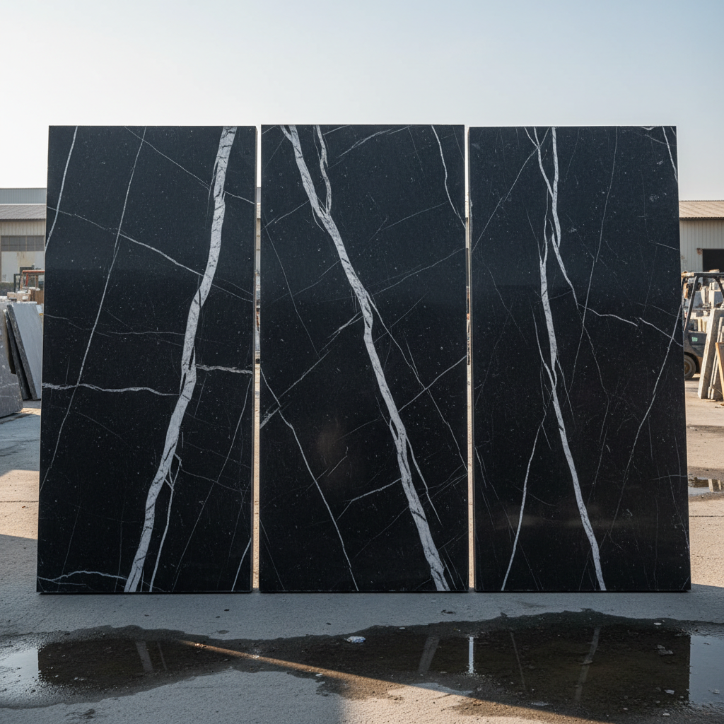 Finished full bookmatched Nero Marquina marble shower enclosure with perfectly mirrored white veins across all four walls, honed finish