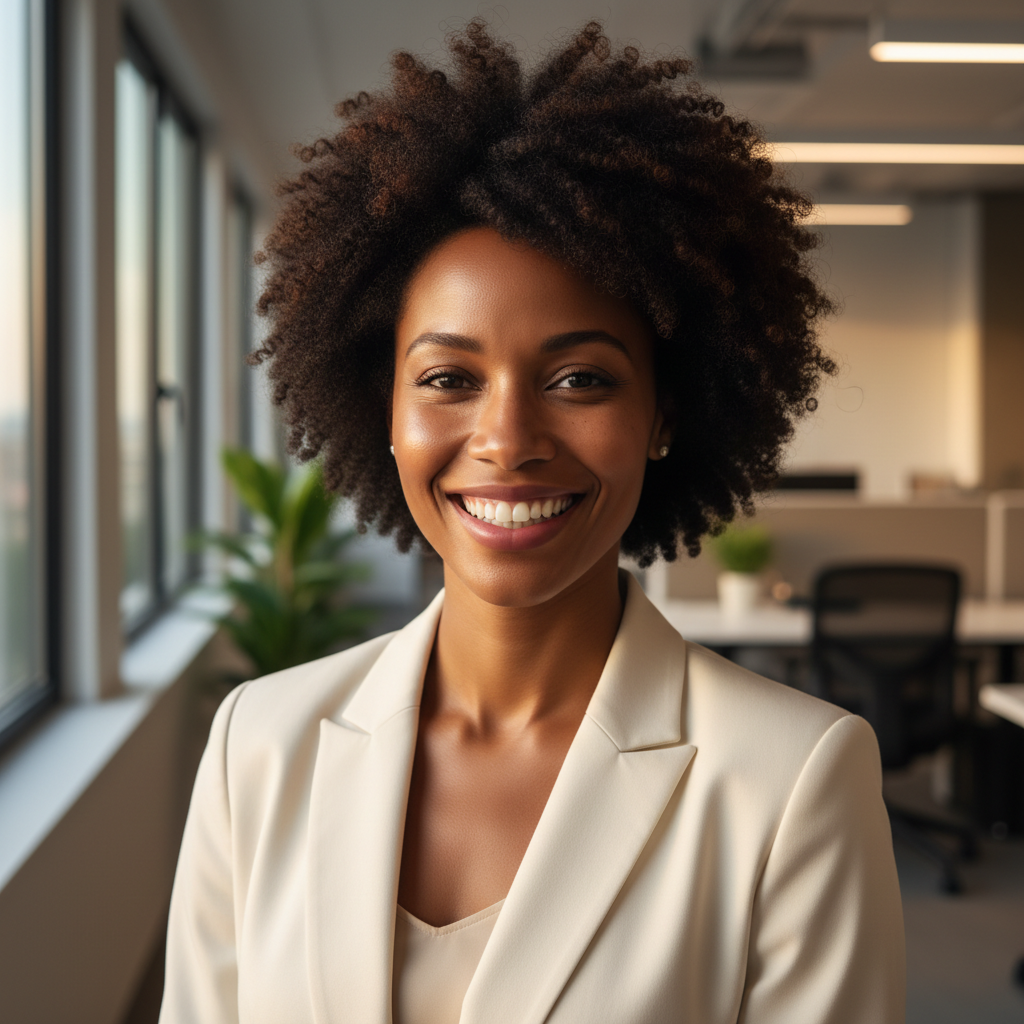 Aisha Okonkwo headshot, creative professional woman with natural hair