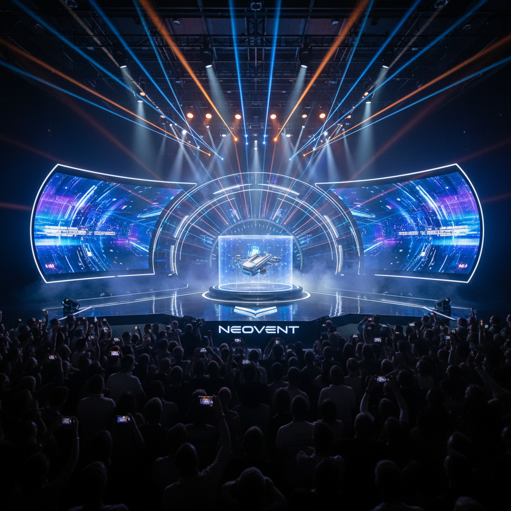 Product launch event with dramatic lighting and brand signage
