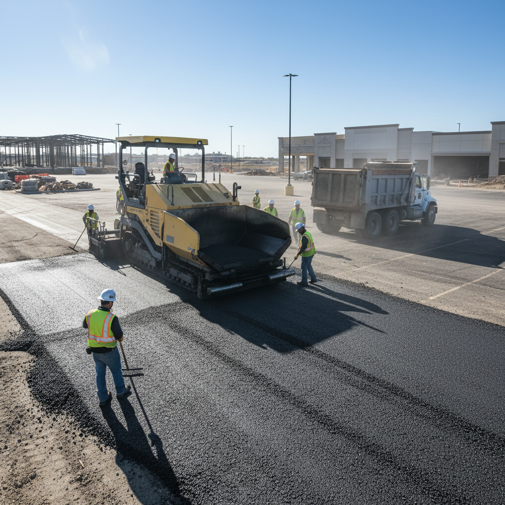 Construction crew operating heavy paving equipment on commercial lot