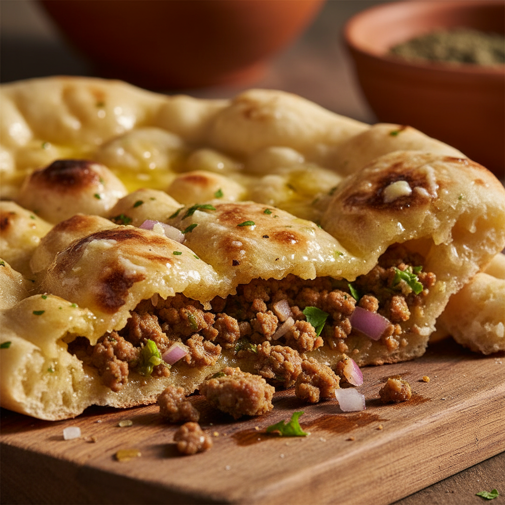 Freshly baked keema naan with visible char spots, glistening with butter on a wooden board