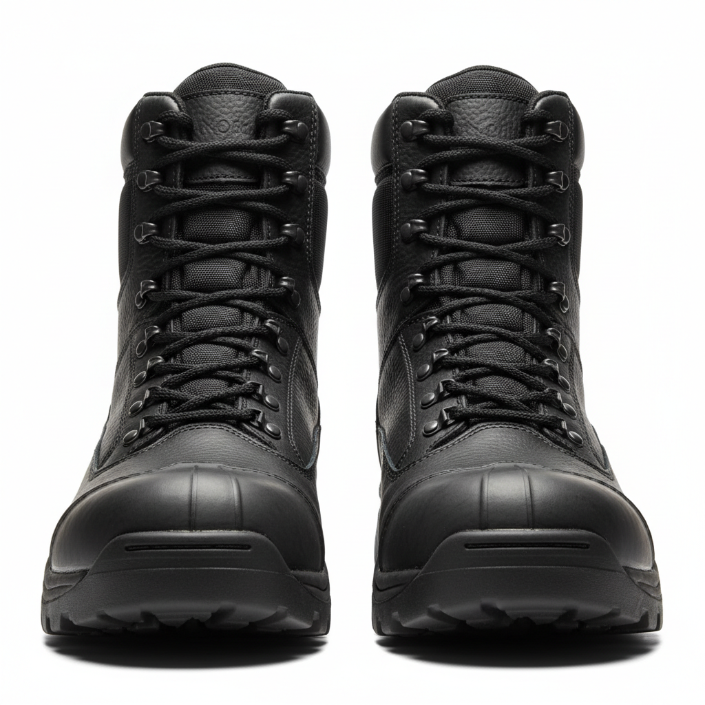 Black steel-toe safety boots with yellow laces and reinforced toe cap