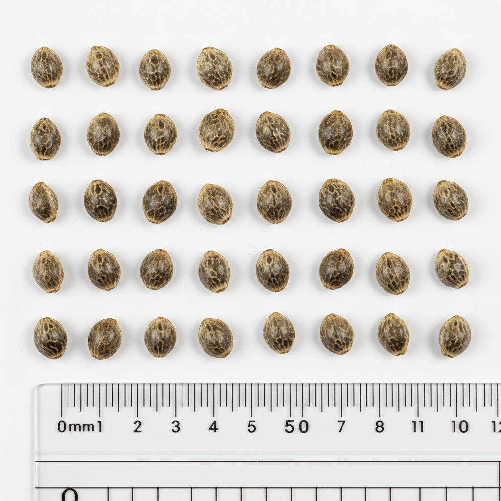 Cannabis seeds laid out on white paper with measurement ruler for size uniformity assessment