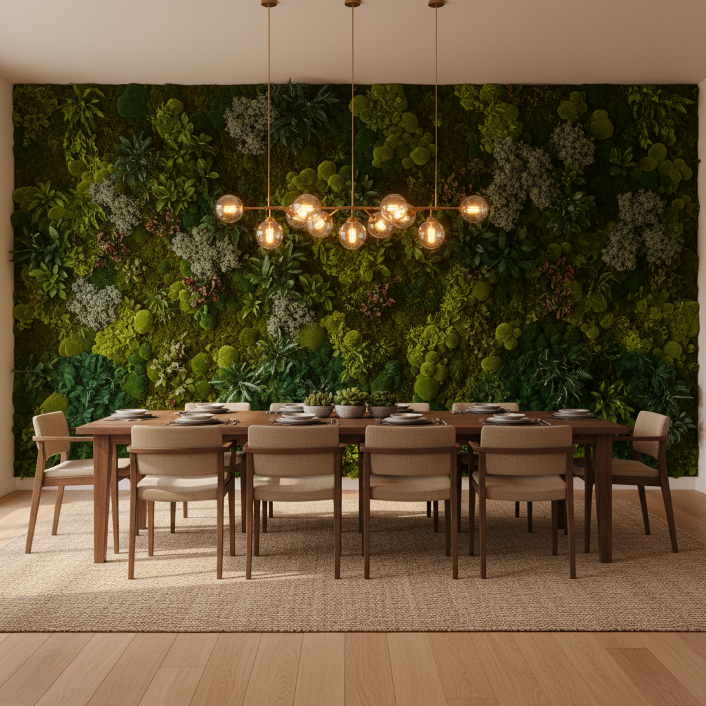 Living moss wall installation in staged dining room with warm ambient lighting