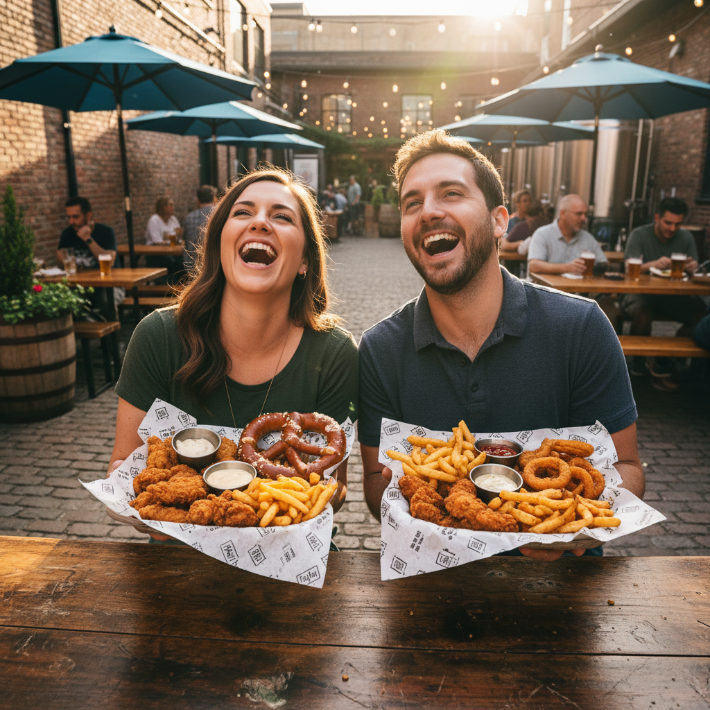 Laughing couple holding overloaded paper trays of food at a brewery patio