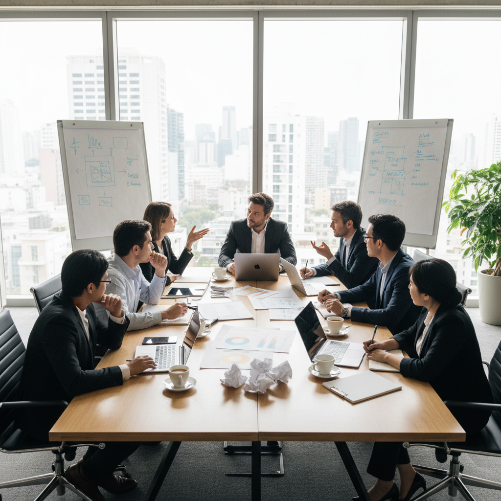 Professional business team meeting in modern commercial office space, collaborative workspace setting