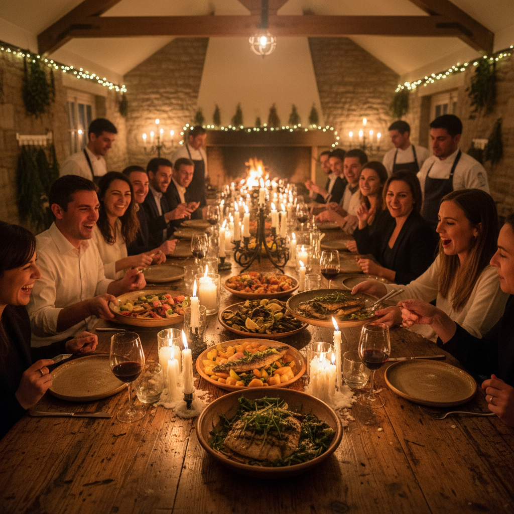 Intimate French bistro dinner, warm candlelight, rustic wooden table, wine glasses, cosy stone walls