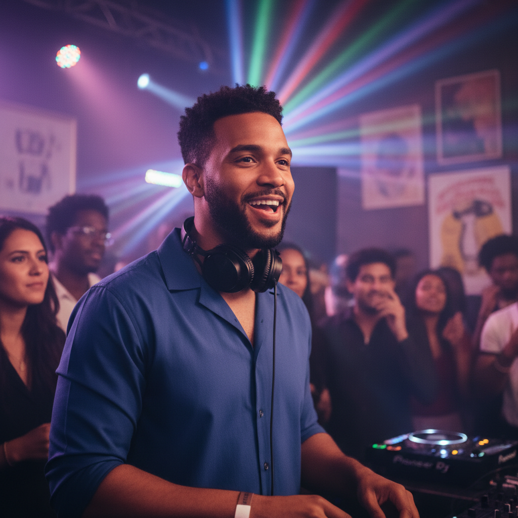 Man with exclusive experience smile, listening party photo
