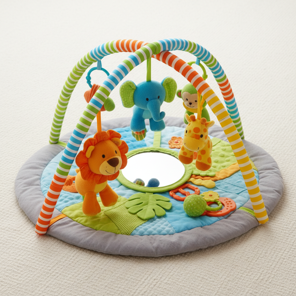 Colorful baby activity gym mat with hanging toys rattles and mirrors on pastel background