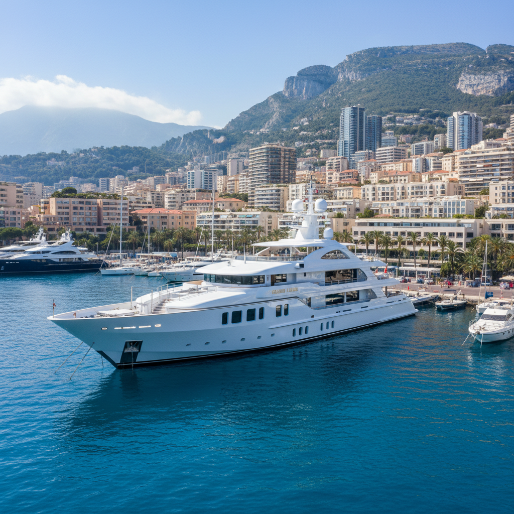 Luxury white motor yacht Azure Dream cruising in Monaco harbor