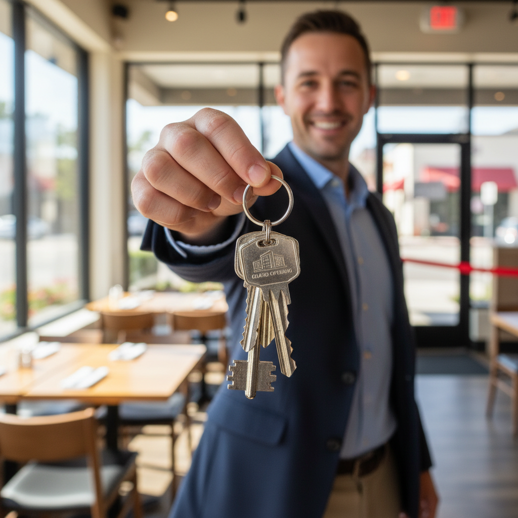 Franchisee holding keys to newly opened restaurant location