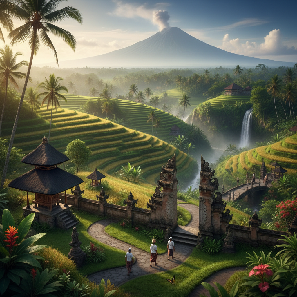 Terraced rice fields glowing green in Bali with distant volcano under soft morning light