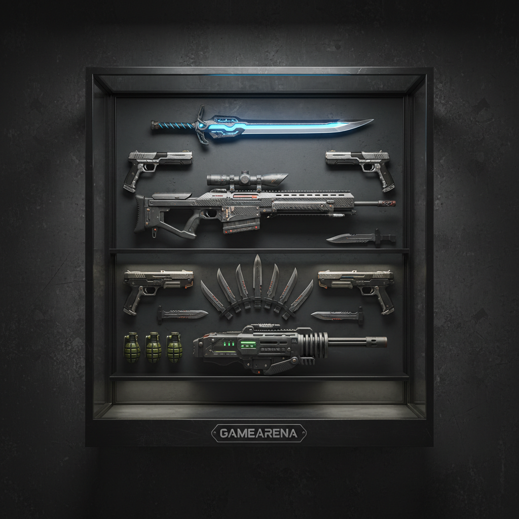 Gaming weapons and gear display with bright studio lighting, clean product photography in dark background