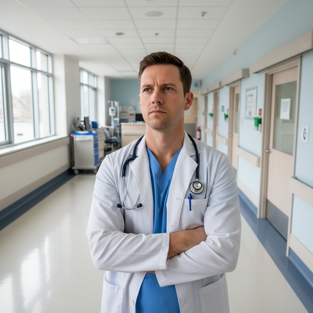 Male doctor in scrubs standing confidently in hospital corridor, natural light