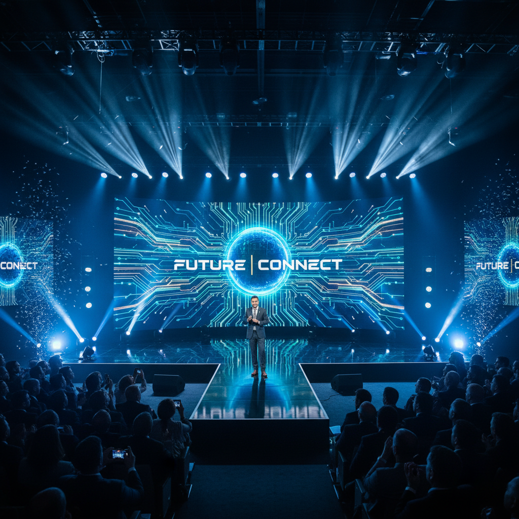 Product launch event stage with dramatic atmospheric lighting and large LED backdrop at a corporate venue