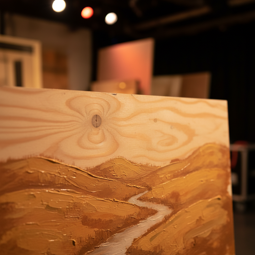 Half-painted theater flat with raw wood grain visible beneath warm stage lighting