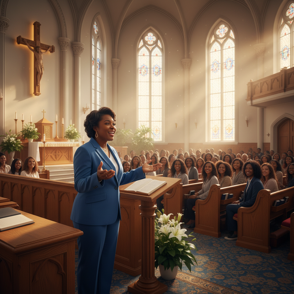 Speaker at podium in warmly lit church sanctuary with congregation in background