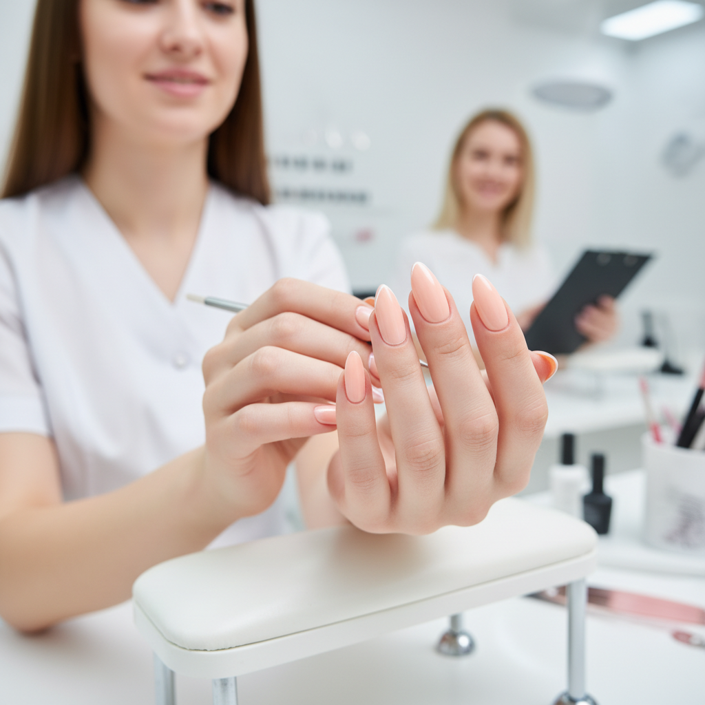 Manicure profissional Adarlene Oliveira realizando esmaltação delicada em unhas femininas, ambiente beauty elegante com iluminação suave