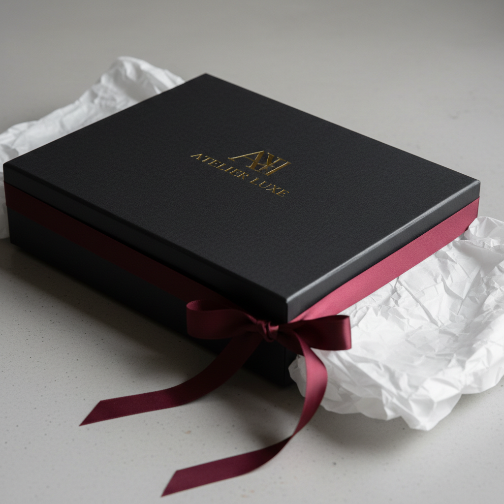 Elegant white gift box with gold ribbon and tissue paper on cream background