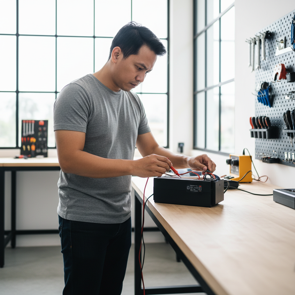 Professional bicycle mechanic carefully examining an electric bicycle in a well-organized workshop, bright and clean environment