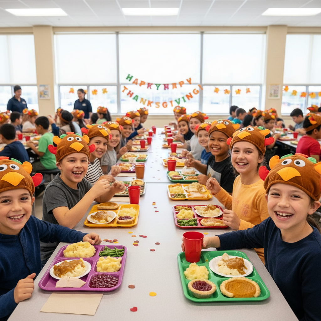 Kids in turkey hat accessories at school Thanksgiving lunch