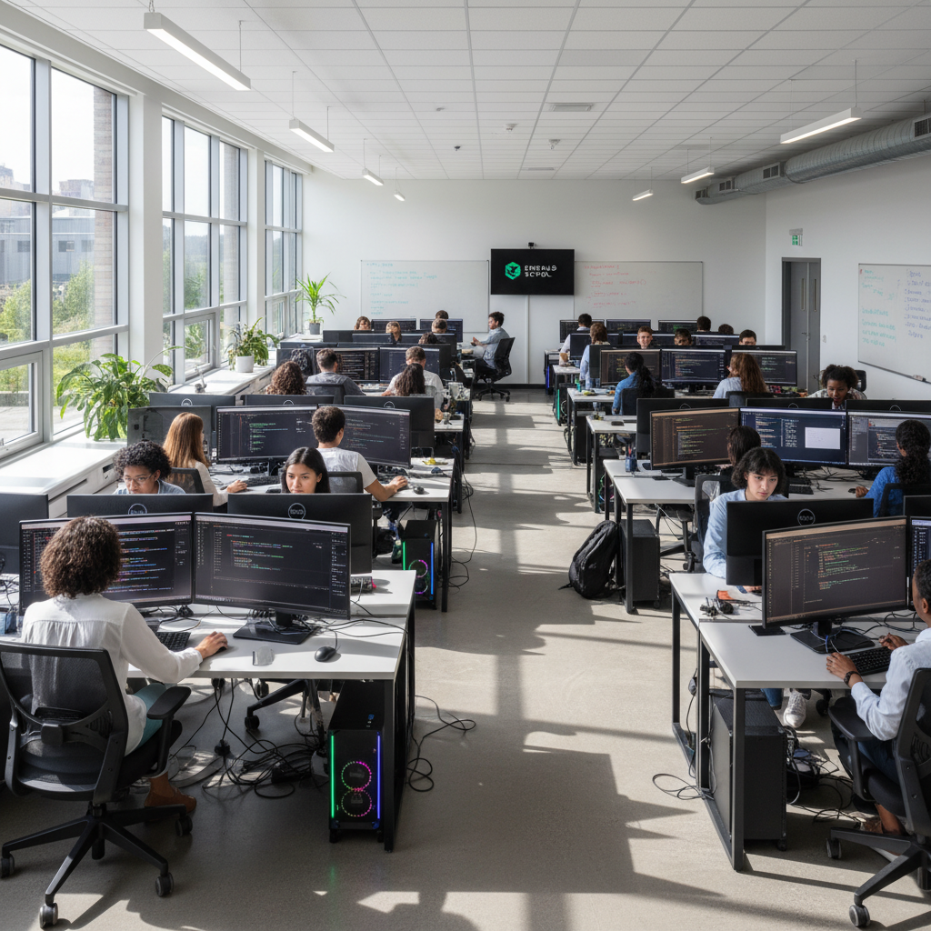 School computer lab with rows of computers, bright room, students learning technology